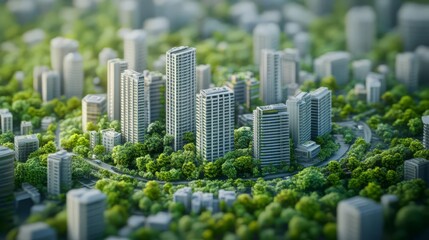 Obraz premium Aerial view of modern cityscape with high-rise buildings surrounded by lush green trees, creating an urban oasis.