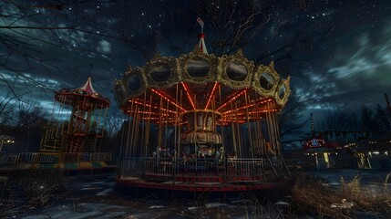 Abandoned Carnival Under Starless Sky with Decaying Carousel and Rides in Darkness