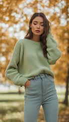 Obraz premium woman standing outdoors with a blurred background of autumn trees. The person is wearing a pastel green sweater and light blue jeans.