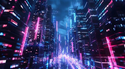 Futuristic Cityscape at Night with Towering Neon Lit Skyscrapers and Mysterious Dark Alleys