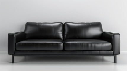 Fototapeta premium Black leather sofa in front view on white backdrop.