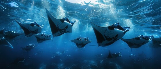 Majestic Formation of Manta Rays Gliding Through the Ocean Depths