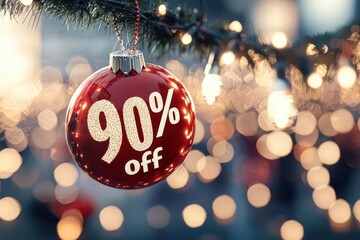 Festive Christmas ornament with 90% off sign, sparkling against a blurred background of holiday lights.
