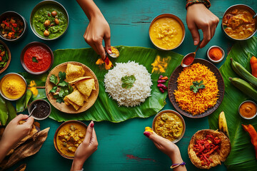  A vibrant flat lay of traditional Indian dishes, including rice and a sweet dish in banana leaves, surrounded by an array of chutney and condiments.