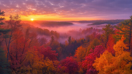 Fototapeta premium covering the ground, benches along the path, and sunlight streaming through the colorful trees, creating a peaceful scene.