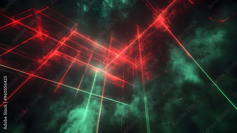 Poster stunning abstract image featuring an intricate lattice of intersecting laser beams against a dark fu