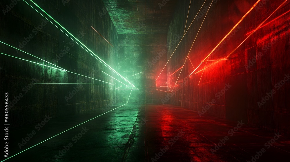 Poster futuristic laser beam lattice intersecting over a dark stage with deep red and green color tones cre