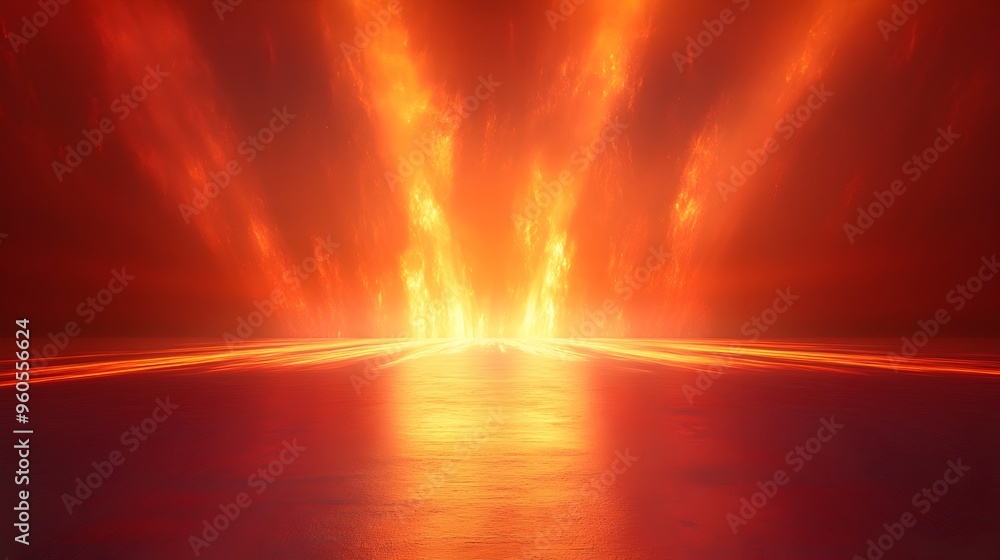 Poster vibrant radial light patterns create an intense fiery atmosphere on a stage backdrop with a dramatic