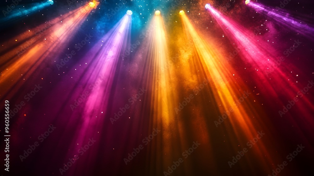 Poster dazzling light rays fanning out from a central source creating a vibrant rainbow color palette in a 