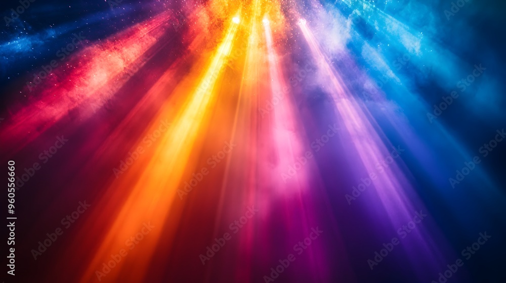 Poster captivating light rays fanning out from a central source emanating in a stunning spectrum of rainbow