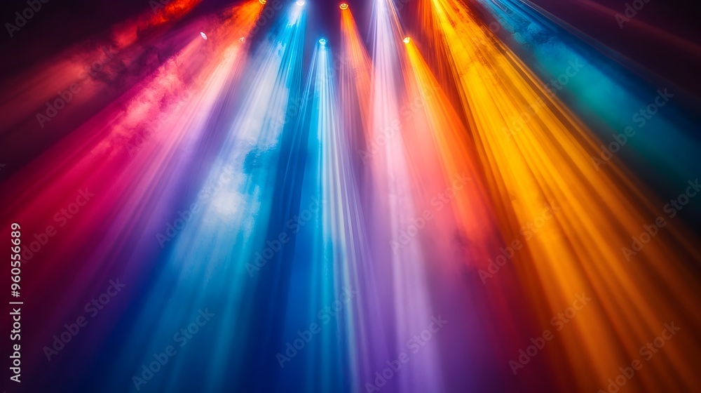 Poster dramatic and energetic abstract background with dazzling multicolored light rays fanning out from a 