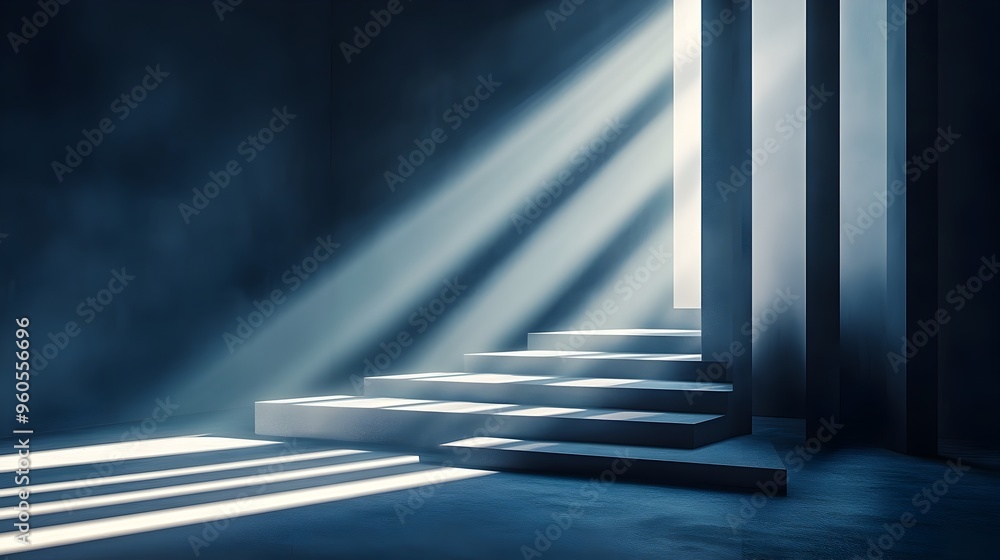 Poster dramatic abstract light rays forming geometric shapes and patterns in a dark moody interior scene wi