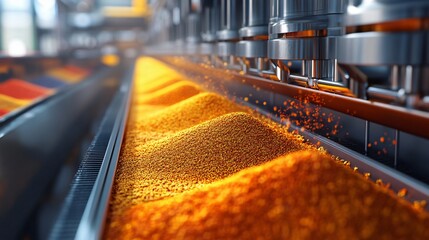 Automated Spice Processing Machine in Factory with Vibrant Powder Packaging 3D Rendering of Spice Industry Equipment
