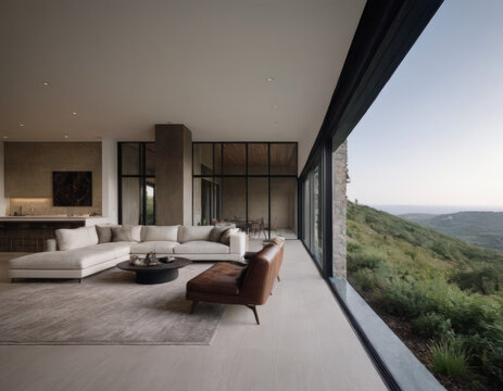 Ampia sala moderna con vetrata che d&agrave; su una collina verde, arredamento minimalista e toni neutri.