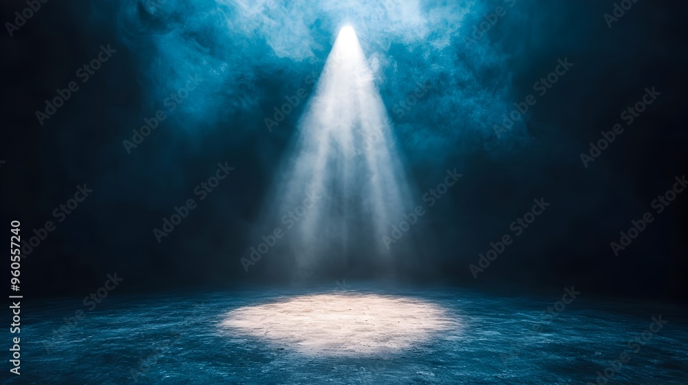 Poster soft dramatic spotlight beaming down to illuminate a solitary stage in a dark moody atmosphere with 