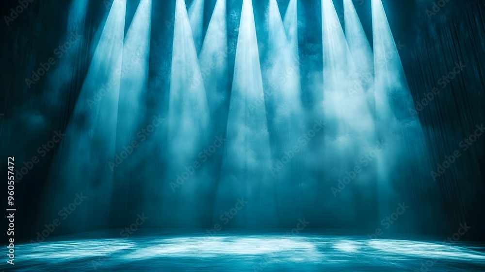 Poster ethereal and dramatic cascade of vertical and diagonal light beams in a studio setting creating a ca