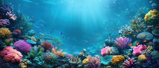 Fototapeta premium Tranquil Underwater Oasis: Diverse Marine Life in Vibrant Undersea Landscape