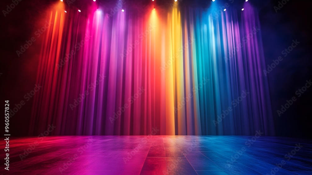 Poster pulsating vertical rainbow colored lights in a vibrant and modern stage setup creating a dynamic and