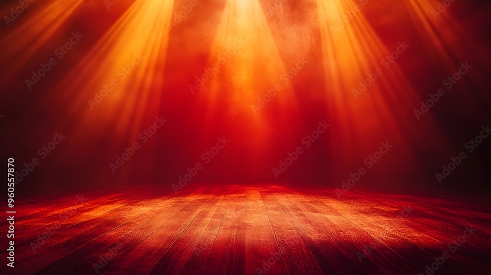Poster dramatic and intense fiery stage with vibrant radial light patterns in red and orange hues creating 