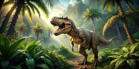 mic view of a majestic T Rex dinosaur roaming in a lush prehistoric jungle surrounded by towering ancient trees vibrant foliage and a breathtaking fisheye perspective capturing the expansive scenery