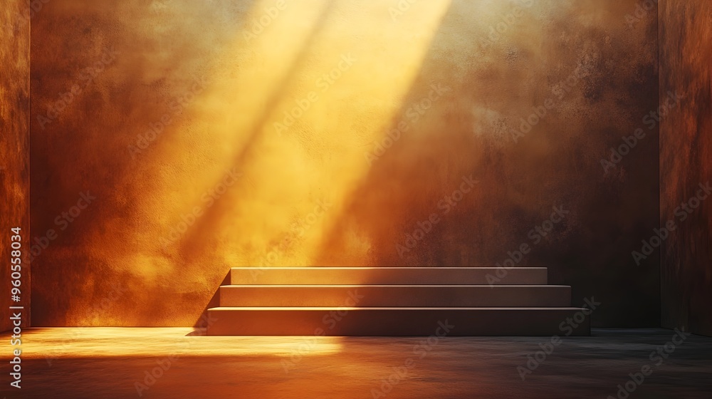 Poster minimalist stage setting with a single warm spotlight illuminating the space creating soft shadows a