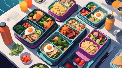 Colorful Lunch Boxes with Healthy Food and Drinks