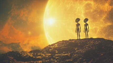Fototapeta premium Peaceful Alien Encounter Amidst Vibrant Sunset Landscape | Sci-Fi Scene for Posters or Art Prints