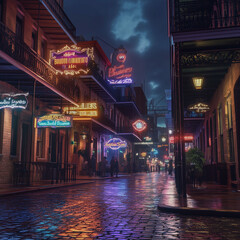 hyper-realistic depiction of Bourbon Street in New Orleans