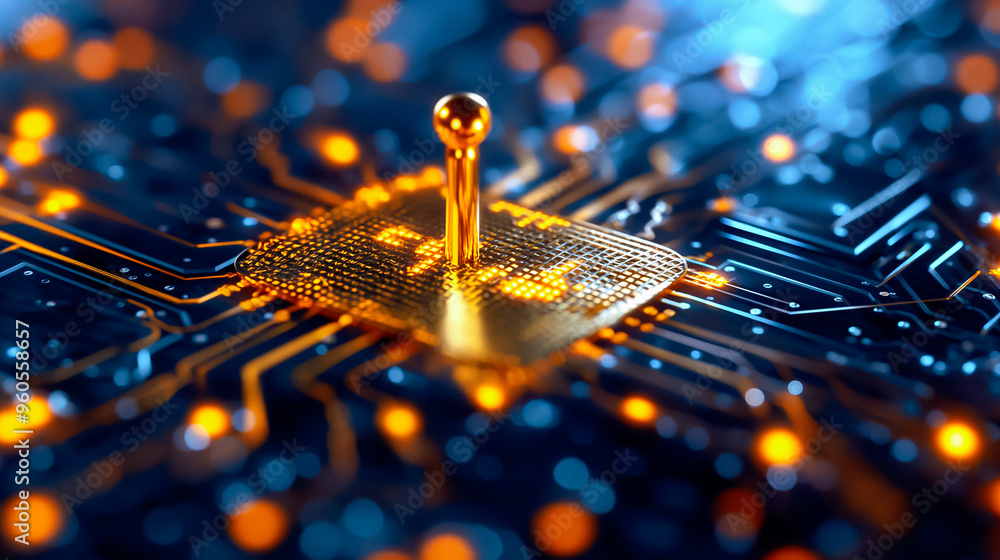 Poster a detailed view of a microchip illuminated by dynamic lights, showcasing complex circuitry and a cen