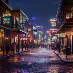 hyper-realistic depiction of Bourbon Street in New Orleans
