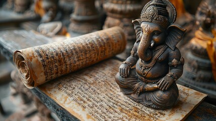 Ganesha Statue on Ancient Scroll with Sanskrit Text