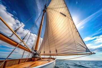 Fototapeta premium sport, modern,sail, monocoque boat, design, outdoors, speed, racing, wind, regatta, competition, asymmetrical, nautical, yacht, Bottom view of an asymmetrical sail of a monocoque boat