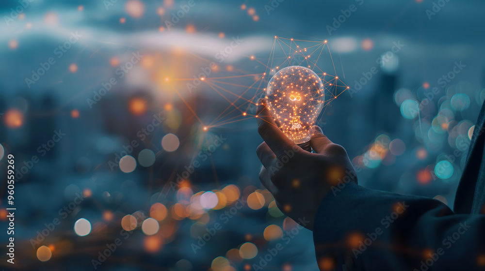 Poster Illuminated Light Bulb with Network Connections in a Hand against Bokeh Background