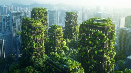 Aerial view of futuristic eco-friendly skyscrapers adorned with lush greenery integrated into the urban landscape of a modern city.