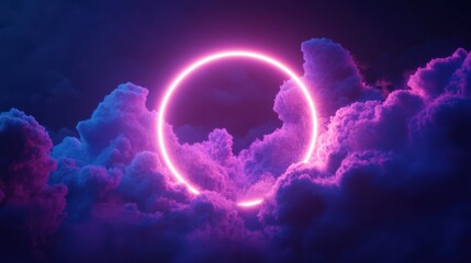 Fototapeta premium Abstract Neon Cloud: 3D Render of Glowing Geometric Shape in Dark Night Sky
