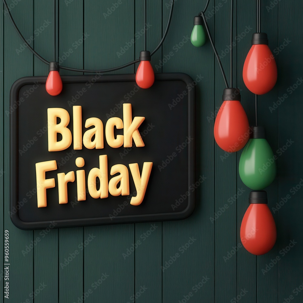 Wall mural Holiday lights draped over Black Friday banners, festive cheer, 3D illustration