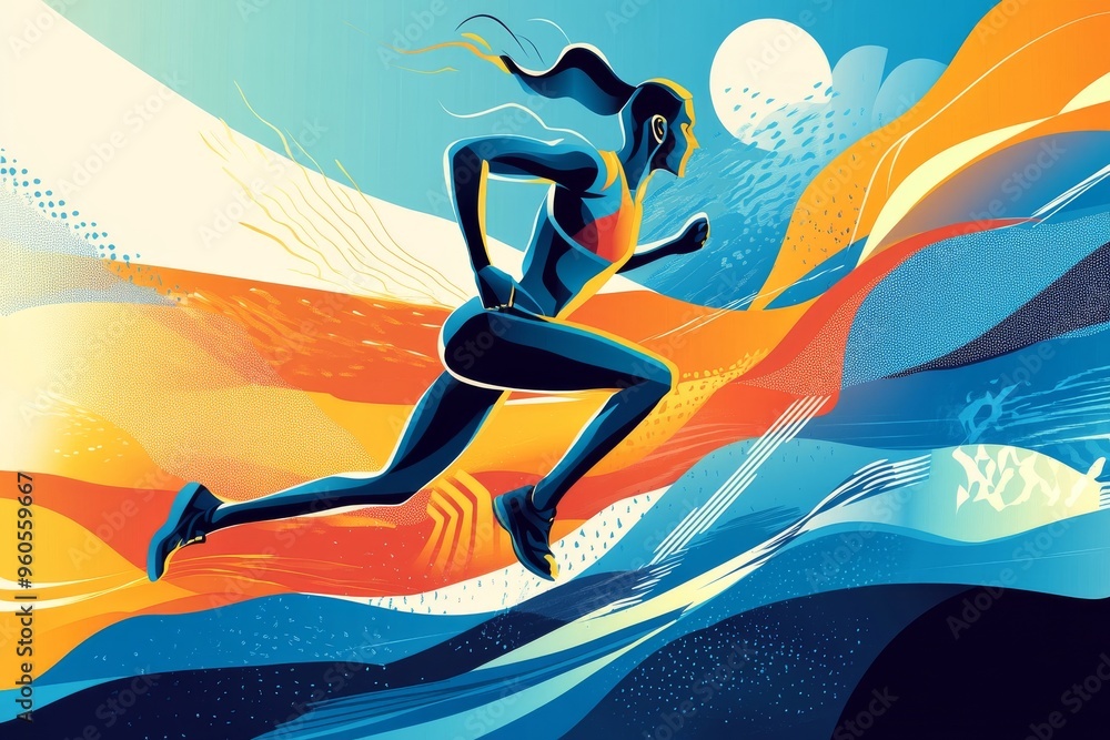 Poster dynamic illustration of a determined athlete running with colorful abstract background