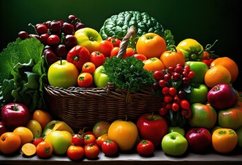 vibrant display fresh fruits vegetables eye catching arrangements rich colors textures, abundance, appetizing, basket, bounty, colorful, cuisine, deli