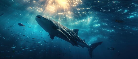 Naklejka premium Majestic Whale Shark Gliding Through the Deep Ocean with Sunlight and Small Fish - Marine Wildlife Concept