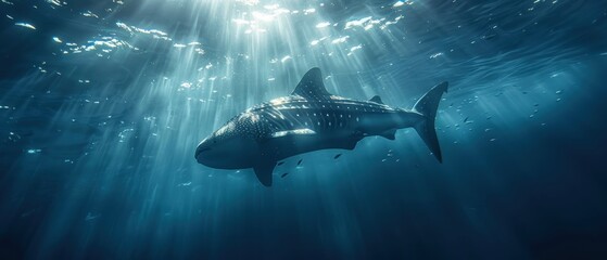 Fototapeta premium Majestic Whale Shark Gliding through Deep Ocean Waters with Sunlight and Small Fish - Peaceful Marine Wildlife Scene