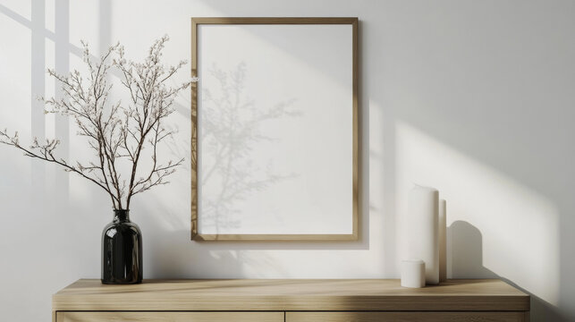 A close-up view of a poster frame hanging on a wooden cabinet in a comfortable white room. The image was created using a computer program.