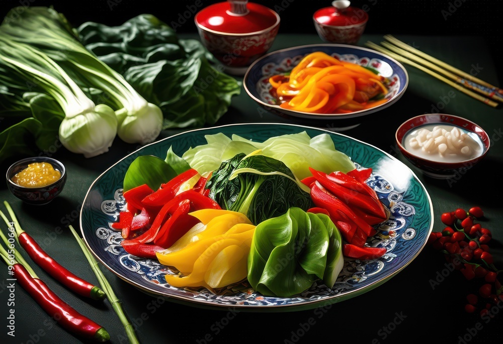 Wall mural colorful dishes showcasing vibrant flavors chinese cuisine fresh ingredients artful presentation, appetizing, aromatic, bowls, crispy, dining, delicious