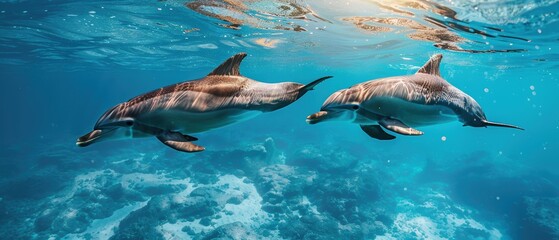 Obraz premium Serene Playfulness: Pair of Dolphins Dancing in Sunlit Open Ocean Waters