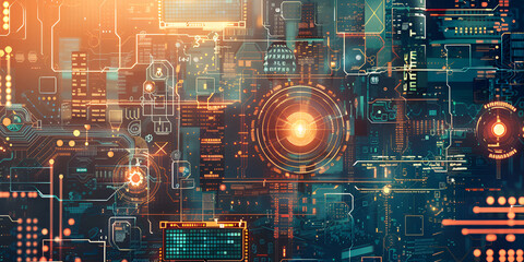 Obraz premium Minimalistic abstract background with circuitry patterns and futuristic symbols panorama, minimalistic design, abstract background, circuitry patterns, futuristic symbols, tech 