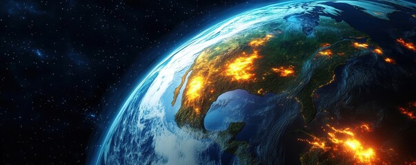A stunning view of Earth from space, highlighting vibrant colors and dramatic flames reflecting its dynamic nature.