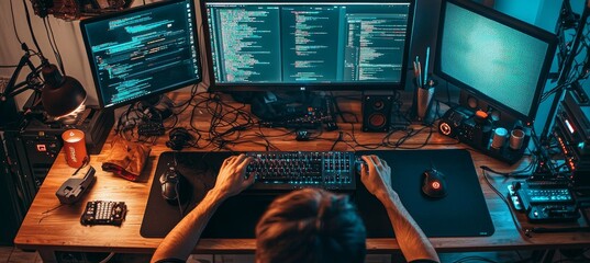 Tech Enthusiast Creating DIY Media Center with Raspberry Pi in Gadget-Filled Workspace