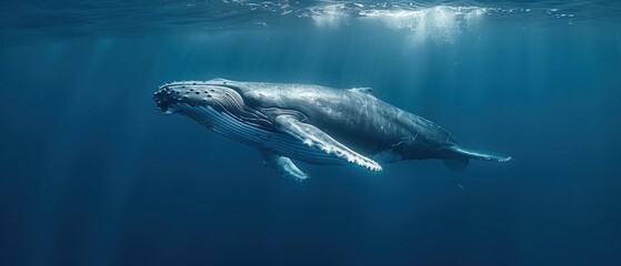 Obraz premium Graceful Humpback Whale Gliding near the Surface, Majestic Marine Mammal with Powerful Presence