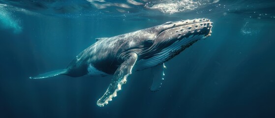 Fototapeta premium Majestic Humpback Whale Gliding Gracefully: Powerful Image of a Massive Marine Mammal Near the Surface