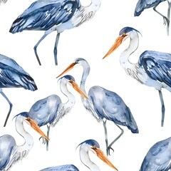 Obraz premium A seamless pattern of white storks with black wingtips against a soft pink background.