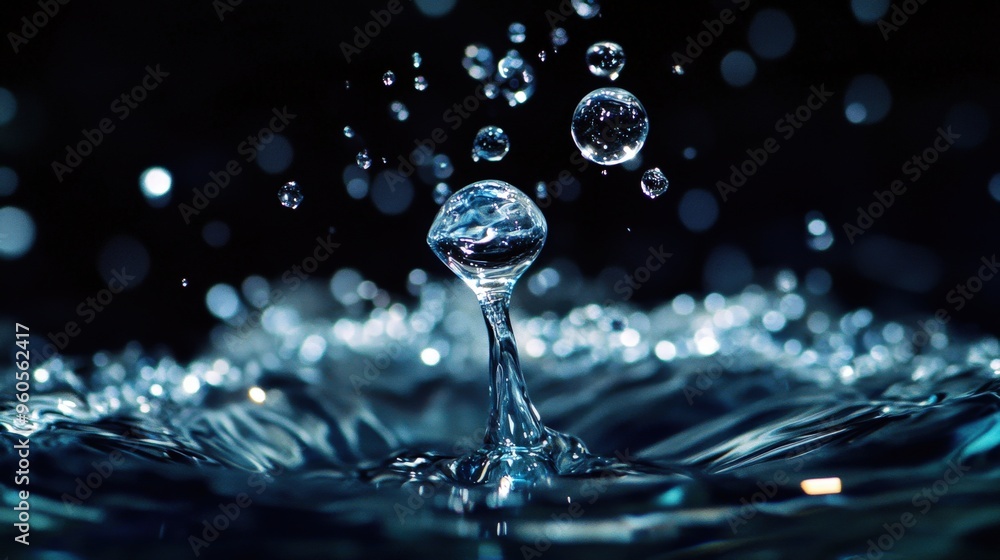 Aufkleber a single droplet of water emerges from the surface, splitting into smaller droplets while creating d